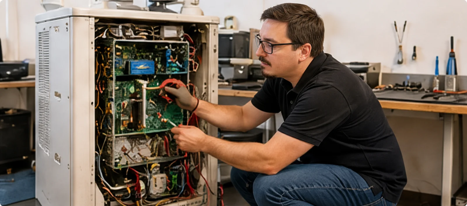 Jens Walter bei der Reparatur eines geöffneten Ultraschallsystems